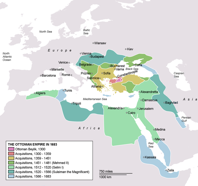 Map depicting the Ottoman Empire at its greatest extent, in 1683.